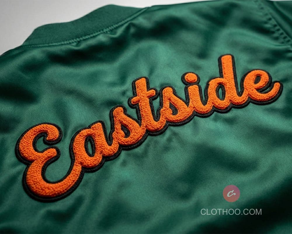 Direct chenille script on satin right chest