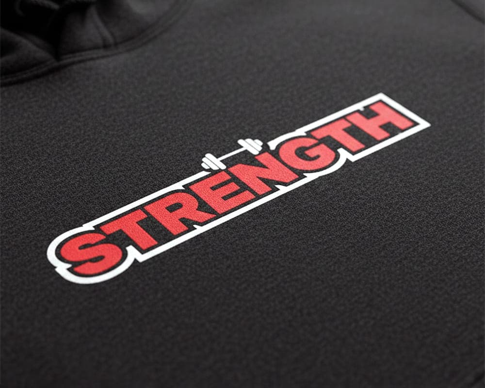 Screen printed hoodie chest close-up