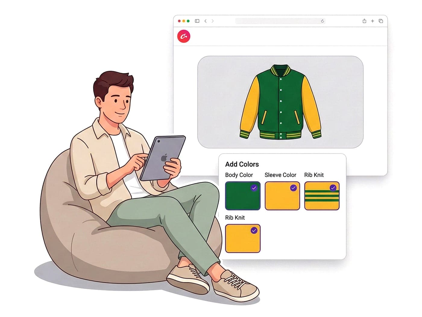 Choose body, sleeve, pocket, and rib knit colors for a custom jacket