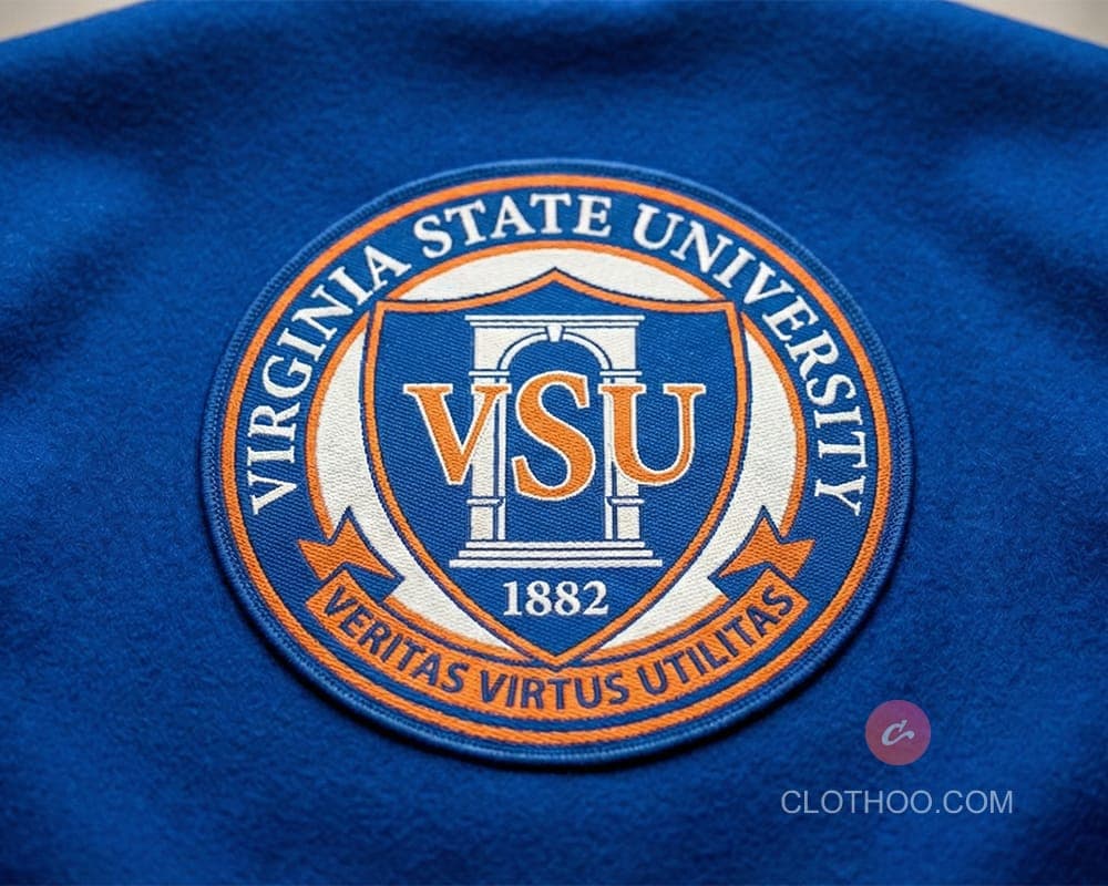 Woven university crest on jacket back