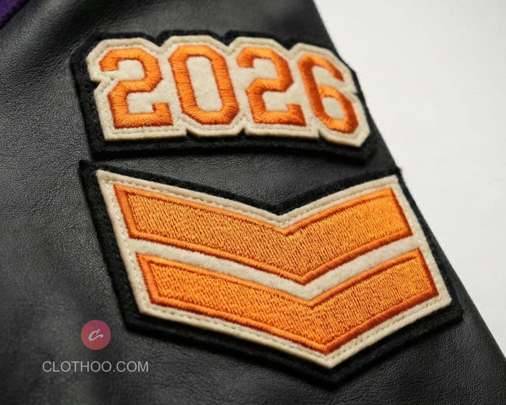 Year patch and chevron felt pieces with embroidery