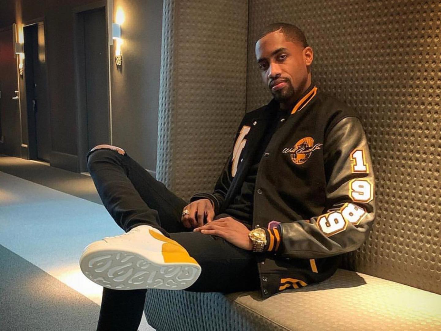 Black Gold Varsity Jacket With Leather Sleeves And 1988 Year Patches Clothaa